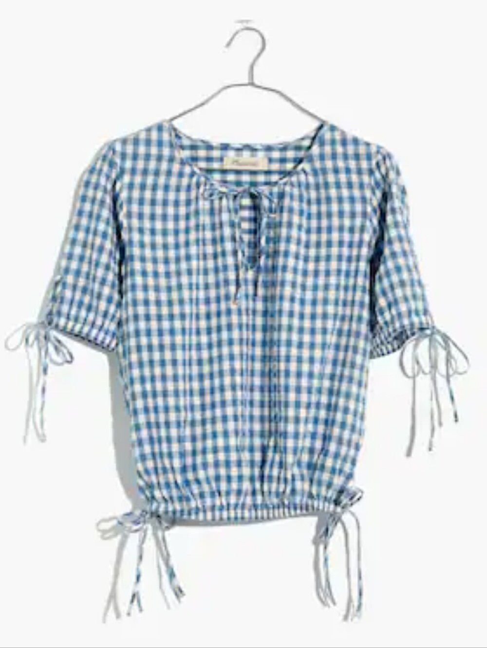 Madewell Gingham Side Tie Short Sleeve Top XL Blue White